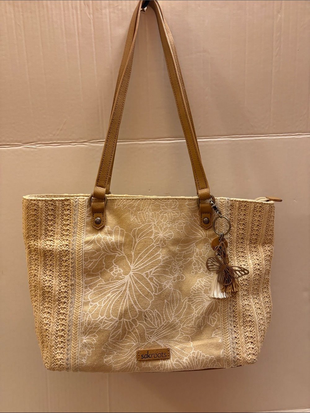 Sakroots Beige Floral Tote with Butterfly Tassel Charm